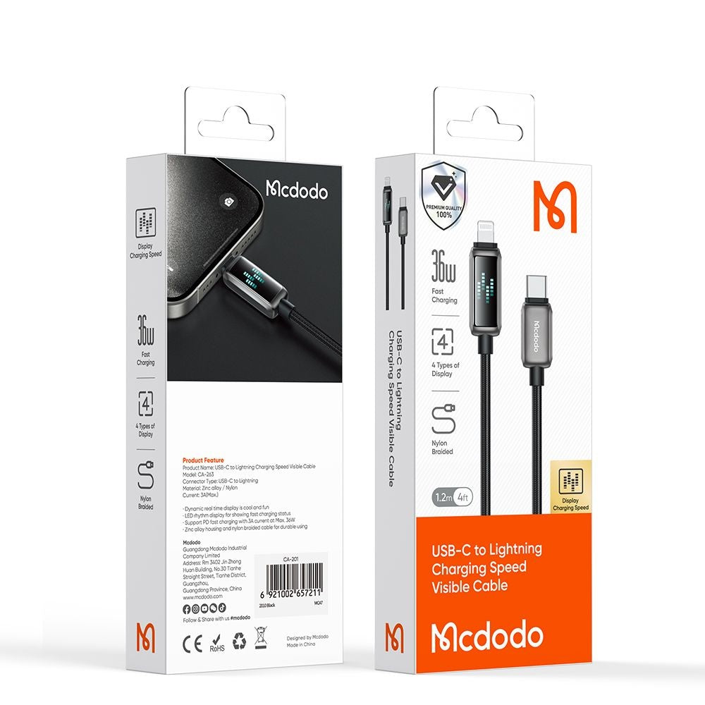 USB-C to Lightning McDodo CA-2630 Display Data and Charging Cable, 36W, 1.2m, Black