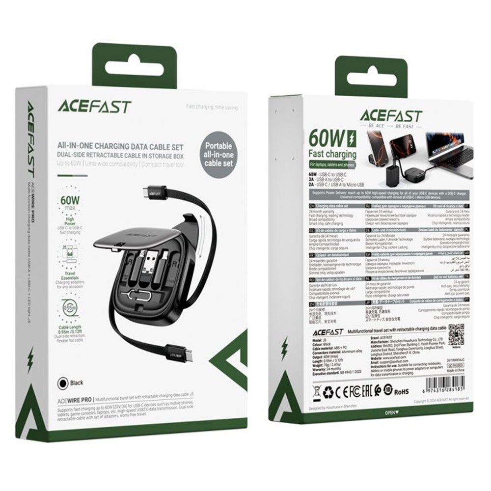 USB-C to USB-C Acefast Travel J3 Data and Charging Cable, 60W, 0.95m, Black