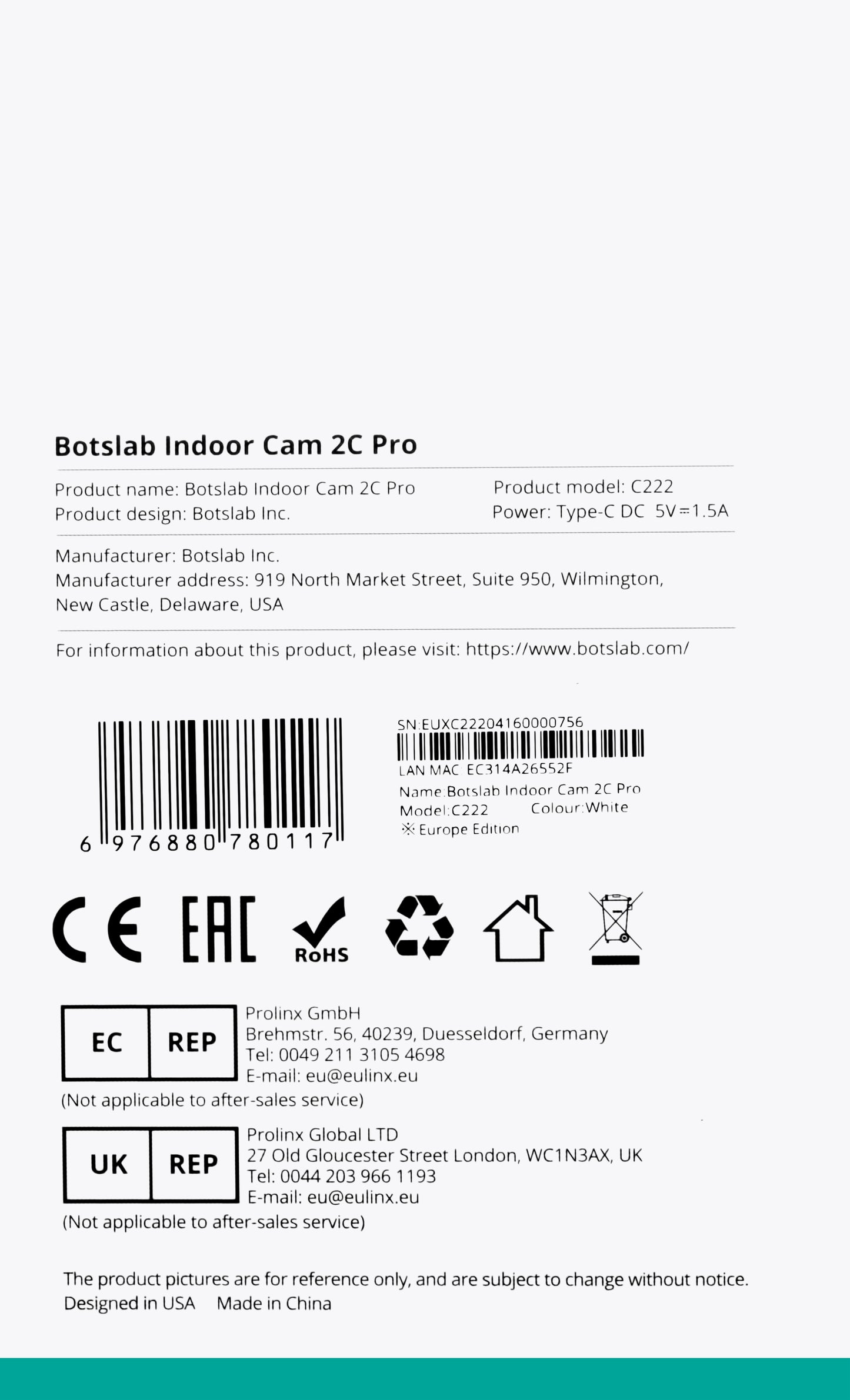 Botslab 2C Pro C222 Surveillance Camera, Wi-Fi, 3K, Indoor