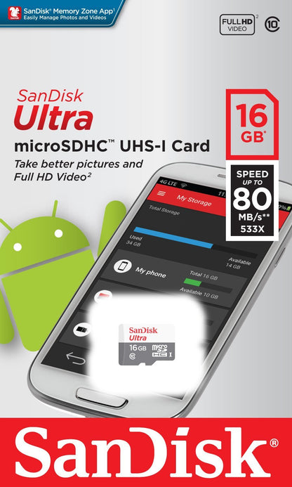 microSDHC SanDisk Ultra Android Memory Card, 16Gb, Class 10 / UHS-1 U1 SDSQUNS-016G-GN3MN