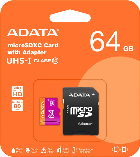 Adata microSDXC Memory Card, 64Gb, Class 10 / UHS-1 U1, With Adapter AUSDX64GUICL10-RA1