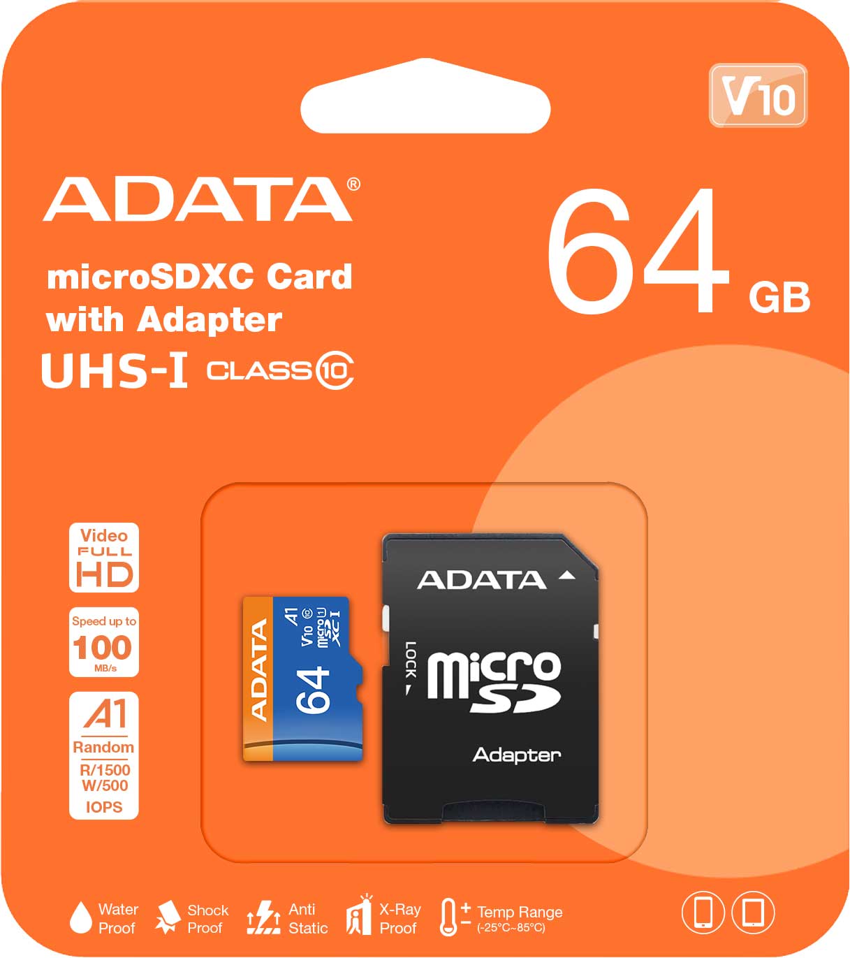 Adata microSDXC Memory Card, 64Gb, Class 10 / UHS-1 U1, With Adapter AUSDX64GUICL10A1-RA1