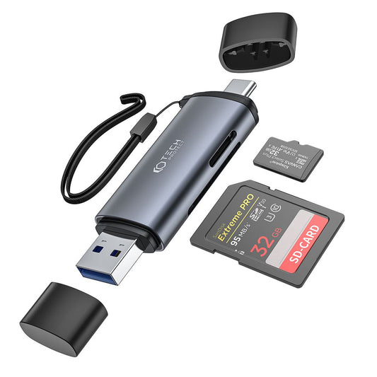 USB / USB-C Tech-Protect Card Reader, SD - microSD, Grey