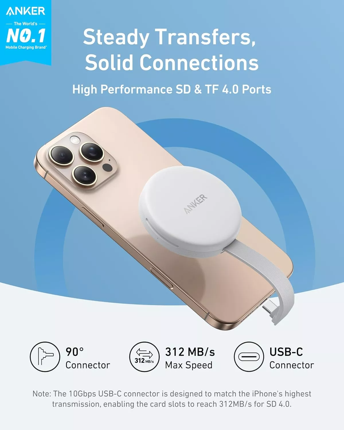 Anker MagGo USB-C Card Reader for Apple iPhone USB-C, SD - microSD, White A83D1G21