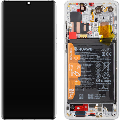 Huawei P30 Pro Touchscreen Display, with Frame and Battery, Silver (Silver Frost), Service Pack 02355MUR