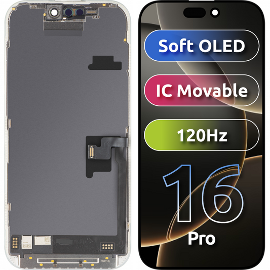 MP Touchscreen Display compatible with Apple iPhone 16 Pro, with Frame, Soft OLED FHD 120Hz IC Movable Version, Black