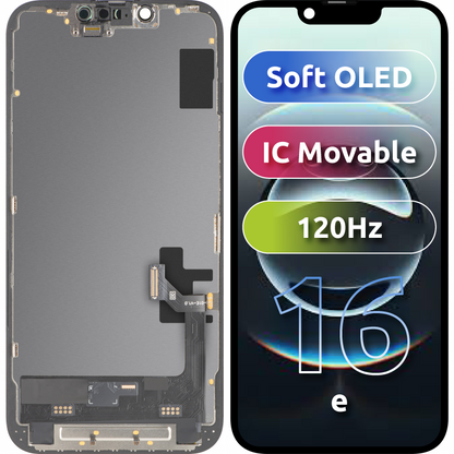 MP Touchscreen Display compatible with Apple iPhone 17e / 16e, with Frame, Soft OLED FHD 120Hz IC Movable Version, Black