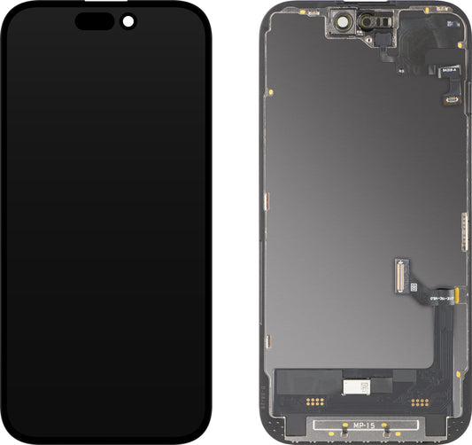 Touchscreen Display with Light Proximity Sensor MP compatible with Apple iPhone 15, with Frame, OLED FHD Diagnostic Software Version, Black