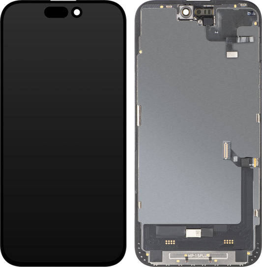 Touchscreen Display with Light Proximity Sensor MP compatible with Apple iPhone 15 Plus, with Frame, OLED FHD Diagnostic Software Version, Black