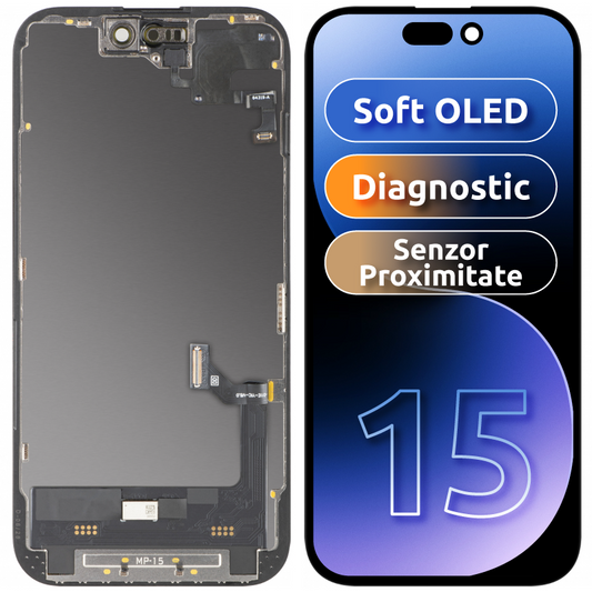 Touchscreen Display with Light Proximity Sensor MP compatible with Apple iPhone 15, with Frame, OLED FHD Diagnostic Software Version, Black