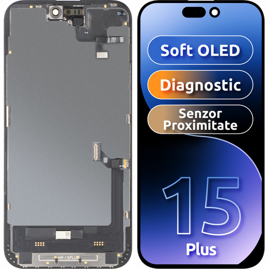 Touchscreen Display with Light Proximity Sensor MP compatible with Apple iPhone 15 Plus, with Frame, OLED FHD Diagnostic Software Version, Black