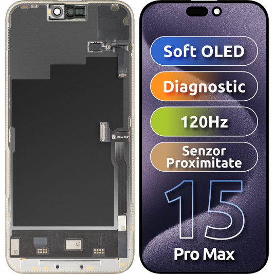 Touchscreen Display with Light Proximity Sensor MP compatible with Apple iPhone 15 Pro Max, with Frame, OLED FHD 120Hz Diagnostic Soft Version, Black