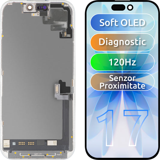 Touchscreen Display with MP Light Proximity Sensor compatible with Apple iPhone 17, with Frame, OLED FHD 120Hz Diagnostic Software Version, Black