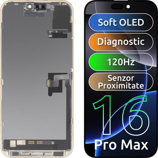 Touchscreen Display with Light Proximity Sensor MP compatible with Apple iPhone 16 Pro Max, with Frame, OLED FHD 120Hz Diagnostic Software Version, Black