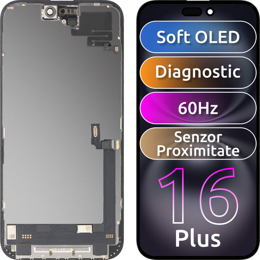 Touchscreen Display with Light Proximity Sensor MP compatible with Apple iPhone 16 Plus, with Frame, OLED FHD Diagnostic Software Version, Black