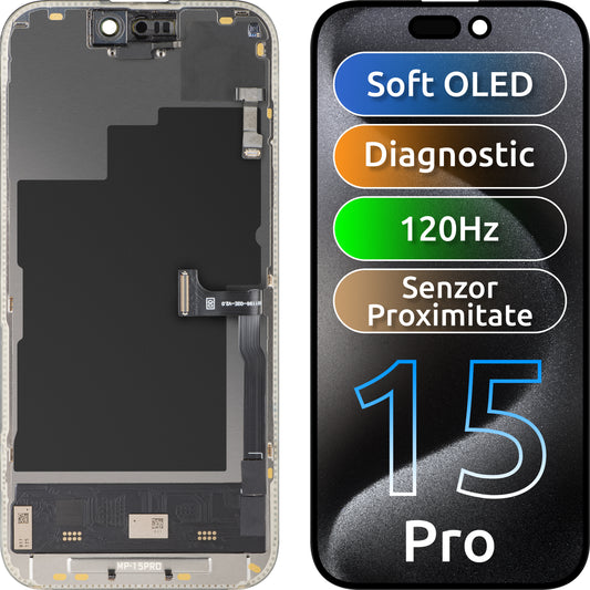 Touchscreen Display with Light Proximity Sensor MP compatible with Apple iPhone 15 Pro, with Frame, OLED FHD 120Hz Diagnostic Soft Version, Black