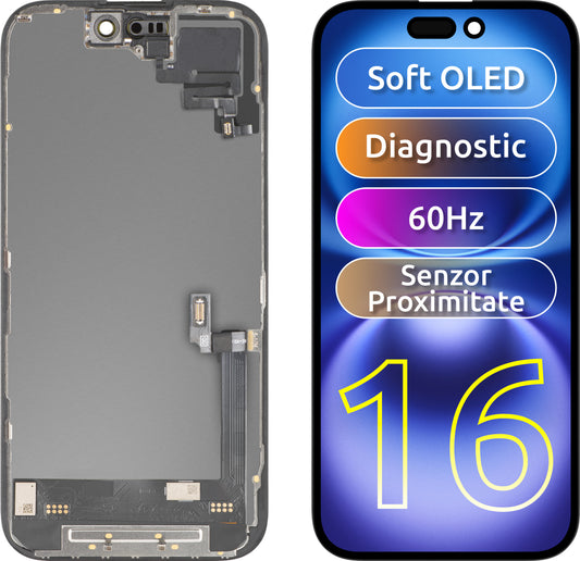 Touchscreen Display with Light Proximity Sensor MP compatible with Apple iPhone 16, with Frame, OLED FHD Diagnostic Software Version, Black