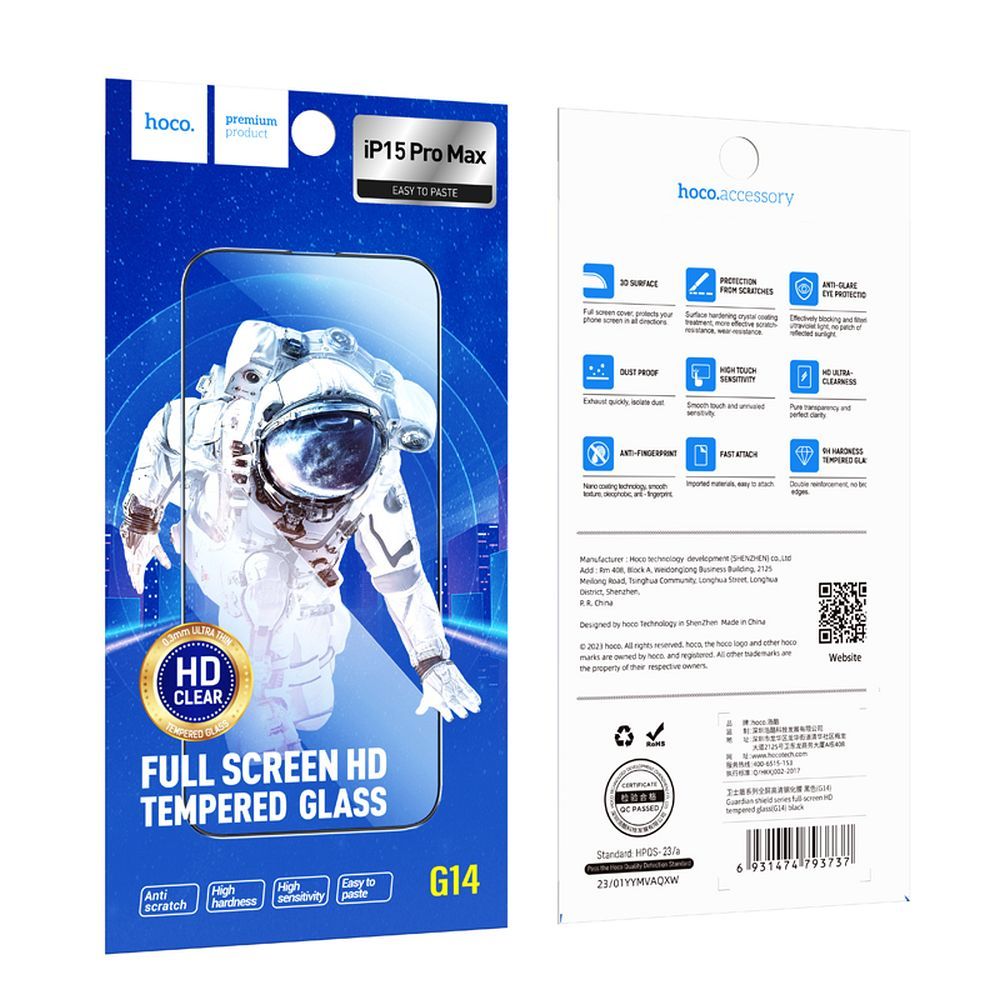 HOCO G14 Screen Protector for Apple iPhone 15 Pro Max, Tempered Glass, Full Glue, Set of 10 pieces, 5D, Black