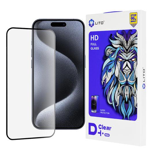 Lito D+ Pro Screen Protector Film for Apple iPhone 15 Pro, Tempered Glass, Full Glue, Black
