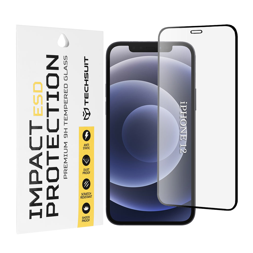 Techsuit Screen Protector Film for Apple iPhone 12 / 12 Pro, Tempered Glass, Full Glue, Black