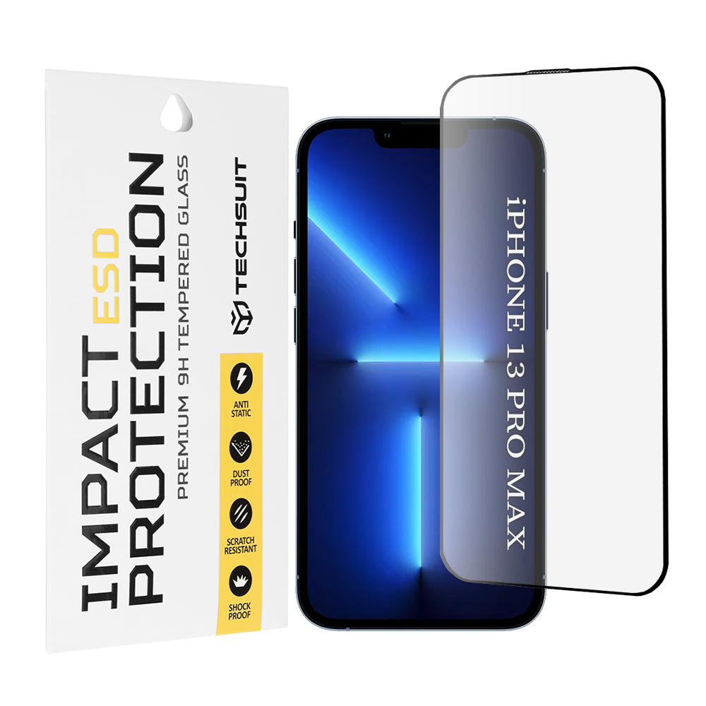 Techsuit Screen Protector Film for Apple iPhone 13 Pro Max, Tempered Glass, Full Glue, Black