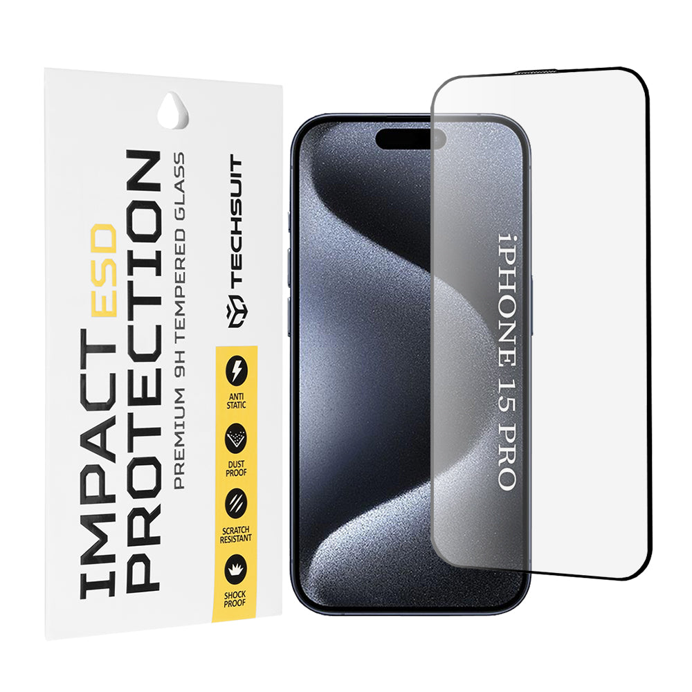 Techsuit Screen Protector for Apple iPhone 15 Pro, Tempered Glass, Full Glue, Black