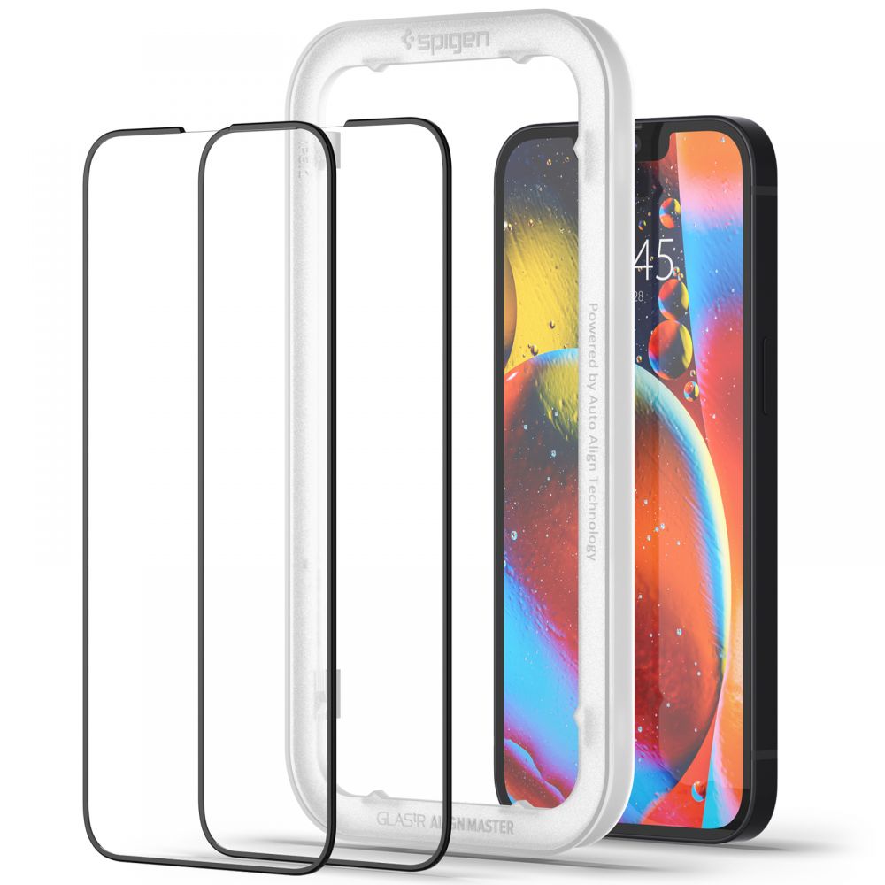 Spigen GlastR Align Master Screen Protector for Apple iPhone 17e / 16e / 14, Tempered Glass, Full Glue, Set of 2 pieces, Black AGL03387
