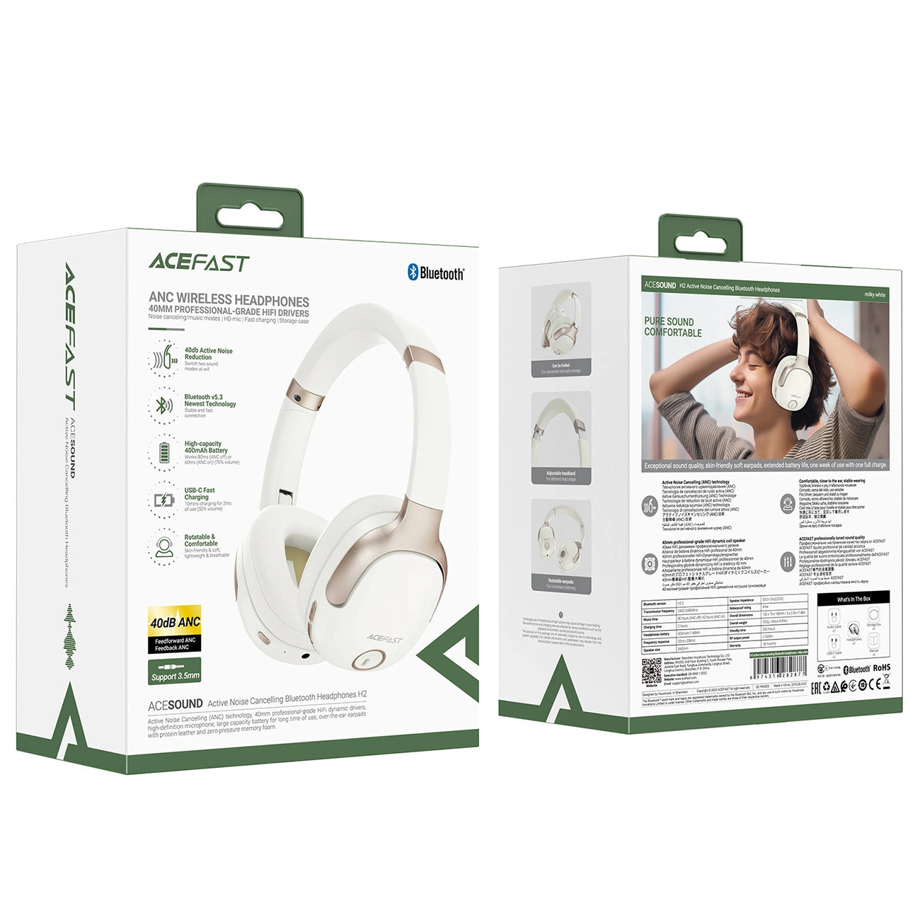 Handsfree Bluetooth Acefast H2, A2DP, ANC, Cream