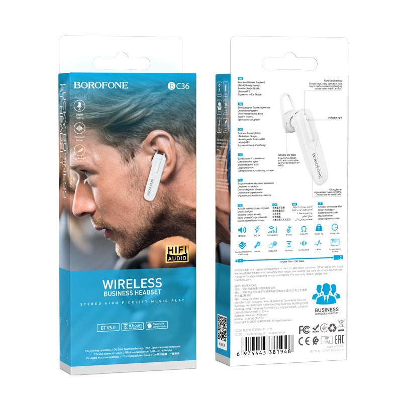 Handsfree Bluetooth Borofone BC36 Lucky, A2DP, White