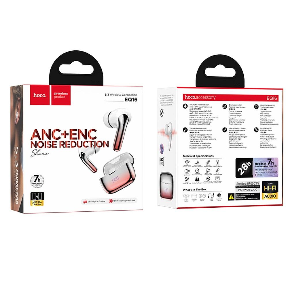 Handsfree Bluetooth HOCO EQ16, TWS, ANC, Red