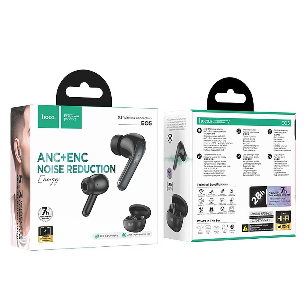 Handsfree Bluetooth HOCO EQ5, TWS, ANC, Black