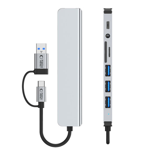 USB / USB-C Hub Tech-Protect HB06, 2 x USB-A 3.0 - 2 x USB-A - 1 x USB-C - 1 x 3.5mm Jack - 1 x SD - 1 x microSD, Gray