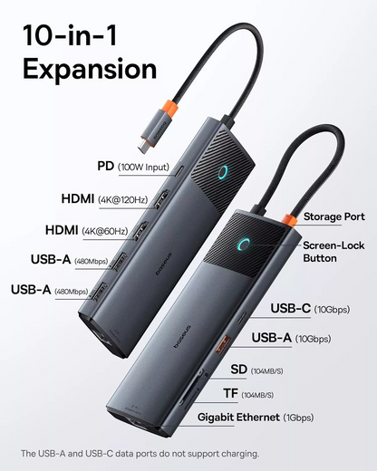 Baseus Dual Display USB-C Hub, 1 x USB-A 3.0 - 2 x USB-A - 2 x USB-C - 2 x HDMI - 1 x RJ45 - 1 x SD - 1 x microSD, Black B00061800123-01