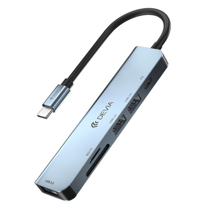 USB-C hub DEVIA EC135, 3 x USB-A 3.0 - 1 x USB-C - 1 x SD - 1 x microSD, Gray