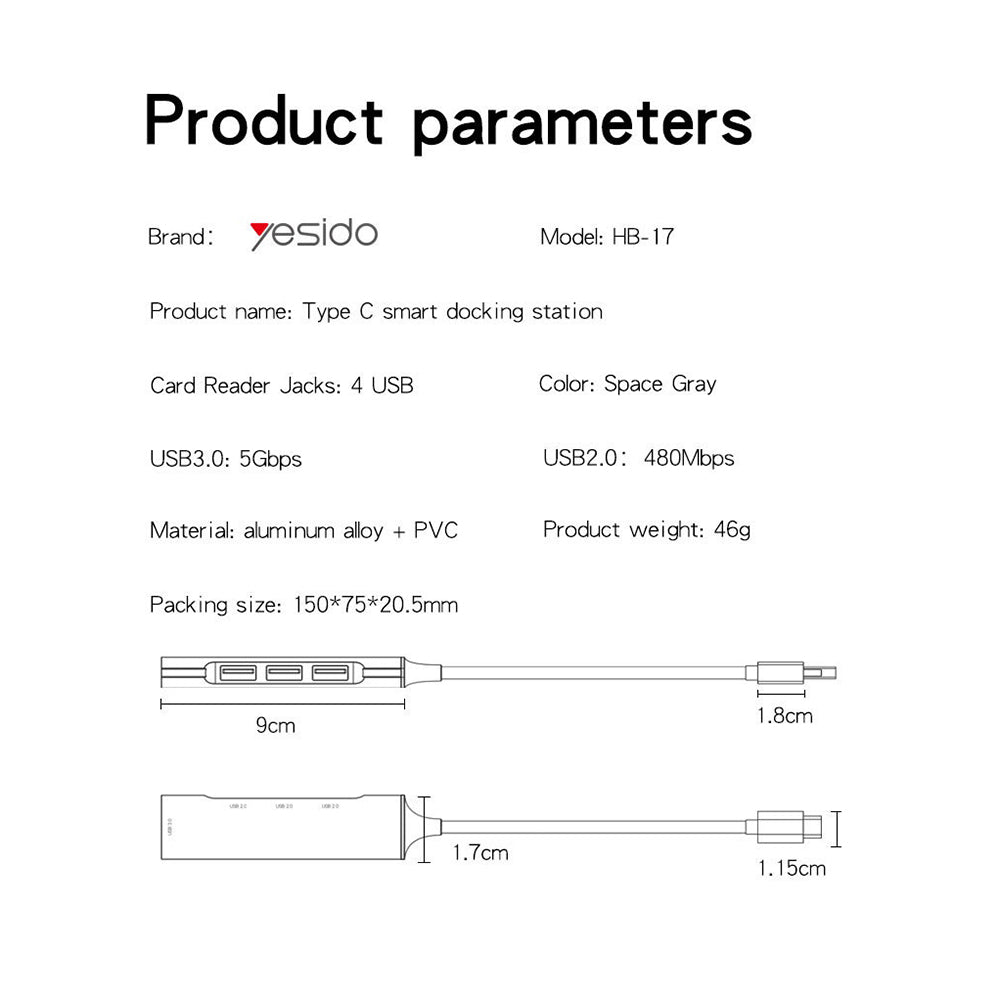 Yesido HB17 USB-C Hub, 4in1, Grey