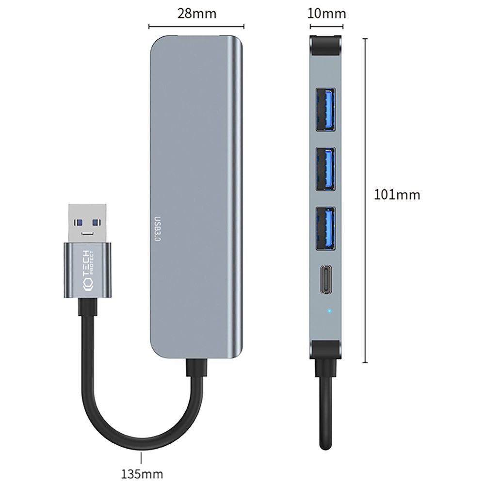 Tech-Protect V0 USB Hub, 3 x USB-A 3.0 - 1 x USB-A - 1 x USB-C, Gray