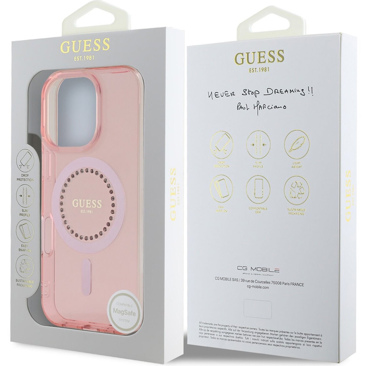 MagSafe Case for Apple iPhone 16 Pro Max, Guess, IML Rhinestones Ring, Pink GUHMP16XPFTDTEP