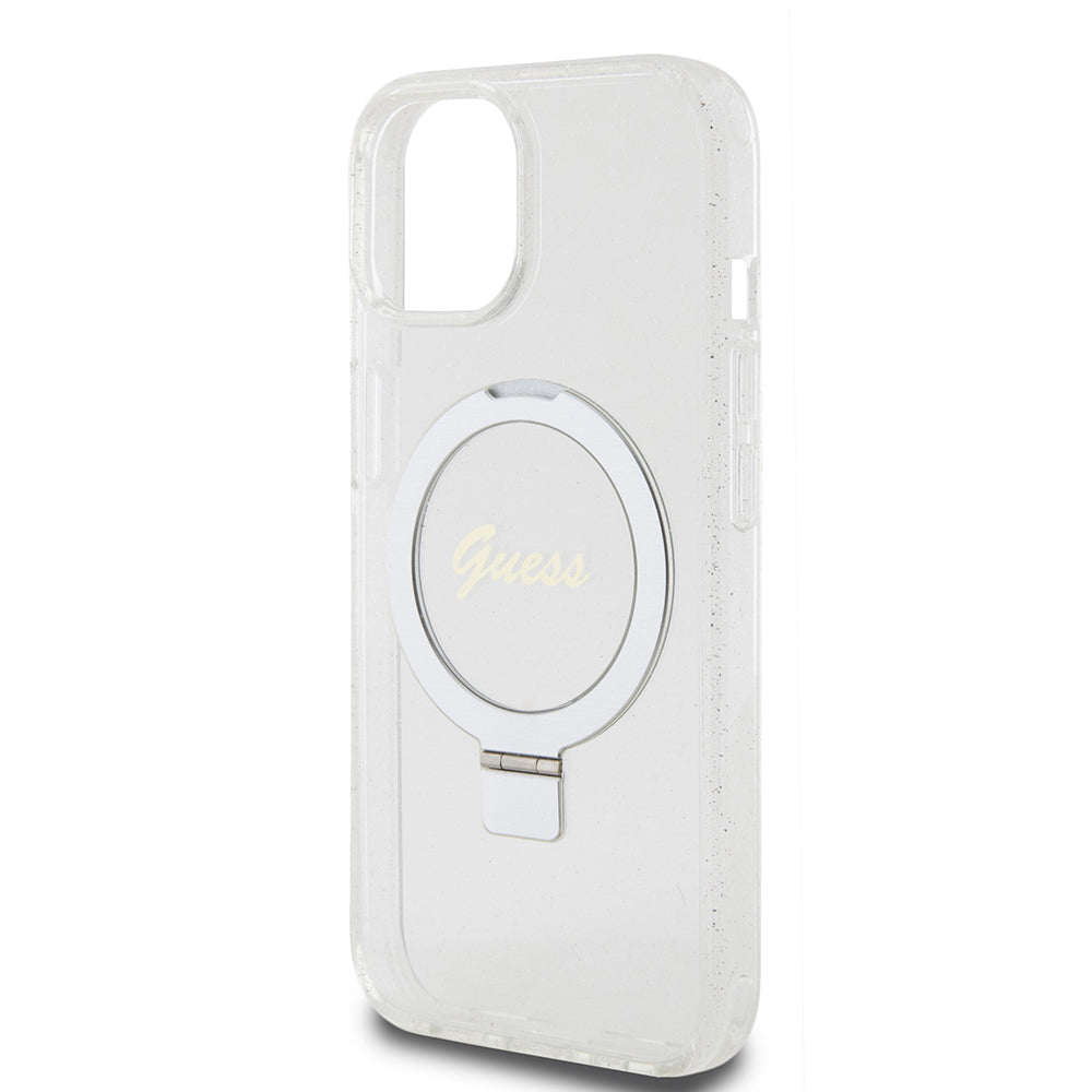 MagSafe Case for Apple iPhone 15, Guess, Ring Stand Script Glitter, Transparent