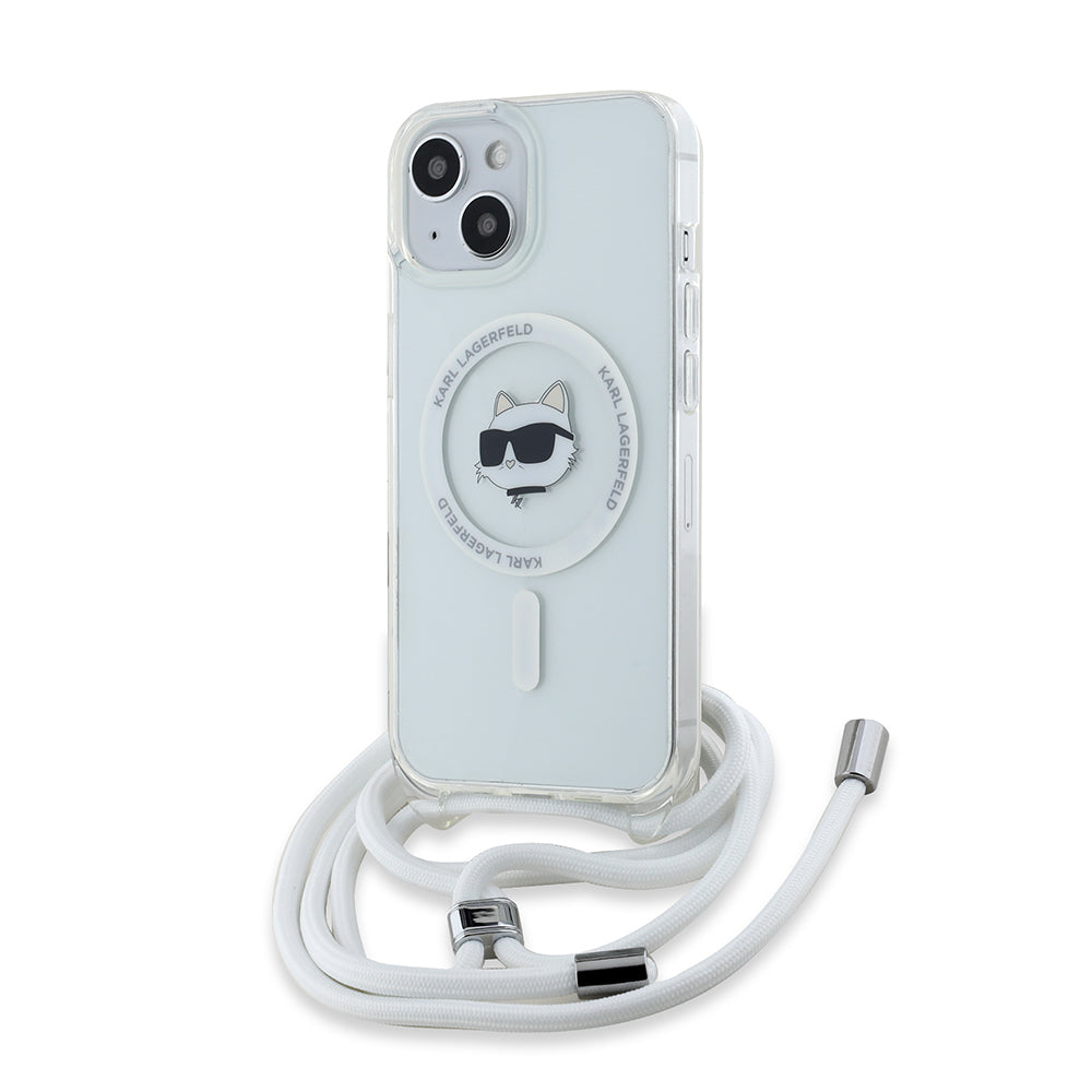 MagSafe Case for Apple iPhone 15, Karl Lagerfeld, IML Crossbody Choupette's Head with Strap, Transparent