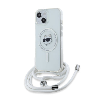 MagSafe Case for Apple iPhone 15, Karl Lagerfeld, IML Crossbody Choupette's Head with Strap, Transparent