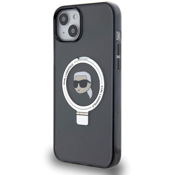 MagSafe Case for Apple iPhone 15, Karl Lagerfeld, Ring Stand Karl's Head, Black