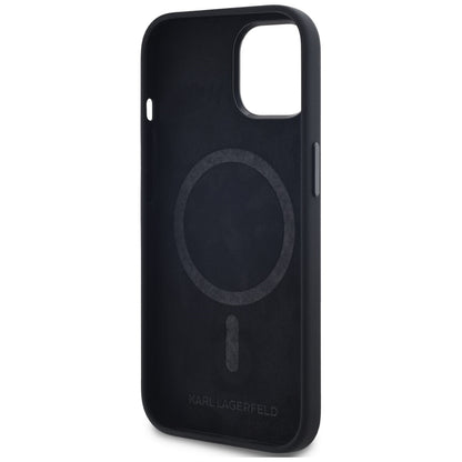 MagSafe Case for Apple iPhone 15, Karl Lagerfeld, Silicone Shadow Metal Initial, Black
