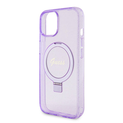 MagSafe Case for Apple iPhone 15 Plus, Guess, Ring Stand Script Glitter, Purple