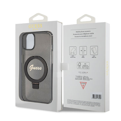 MagSafe Case for Apple iPhone 15 Plus, Guess, Ring Stand Script Glitter, Black