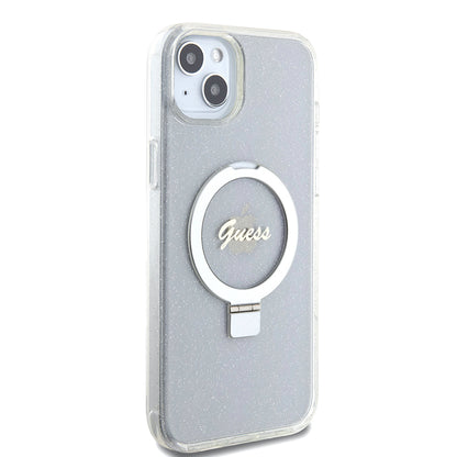 MagSafe Case for Apple iPhone 15 Plus, Guess, Ring Stand Script Glitter, Transparent