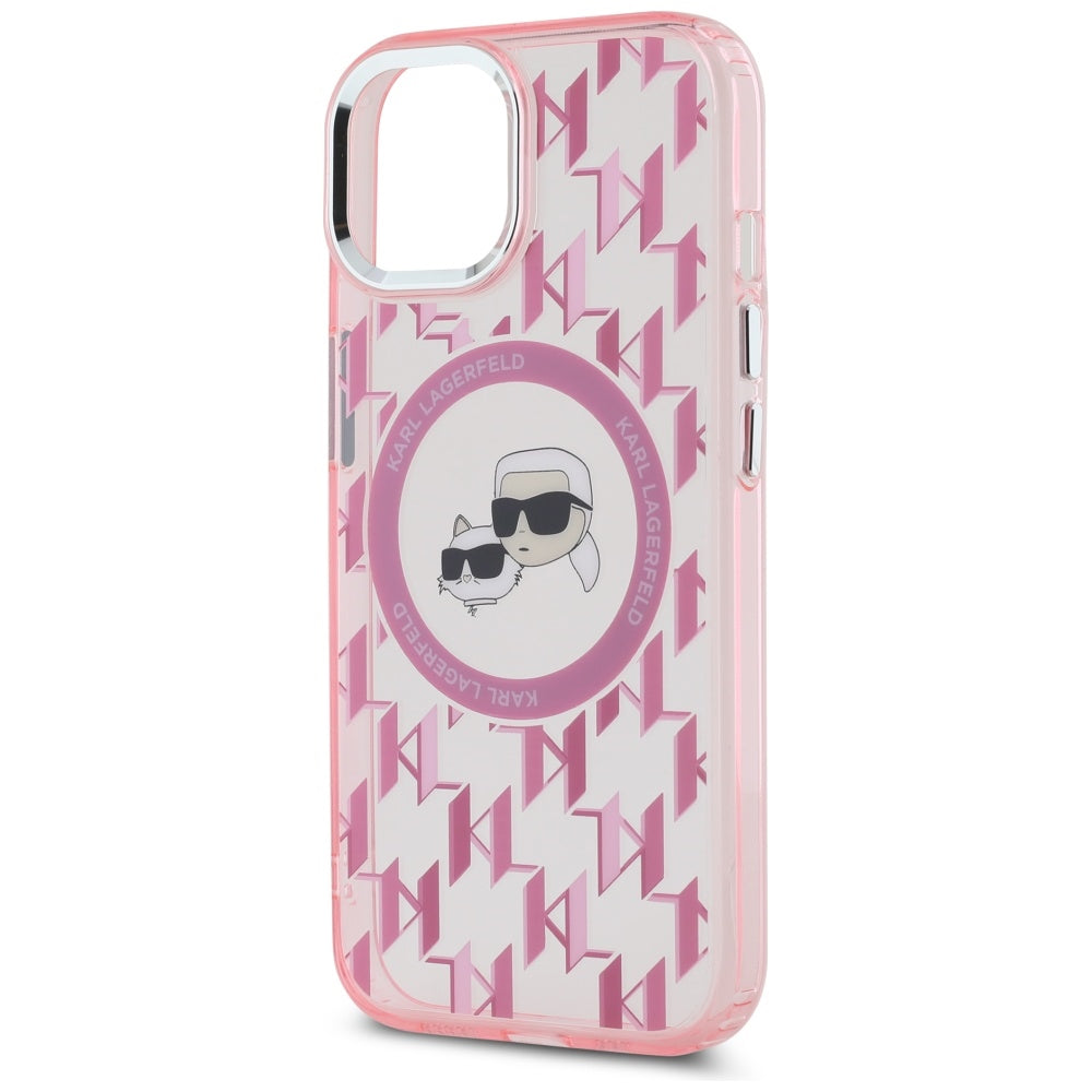 MagSafe Case for Apple iPhone 15 Plus, Karl Lagerfeld, IML Monogram Karl & Choupette's Heads, Pink