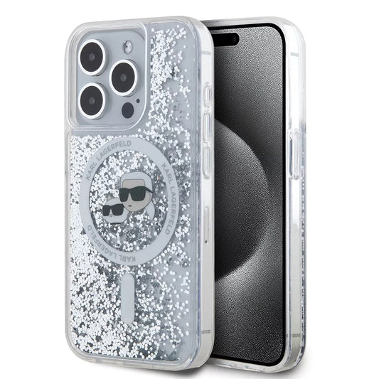 MagSafe Case for Apple iPhone 15 Pro, Karl Lagerfeld, Liquid Glitter Karl & Choupette's Heads, Transparent