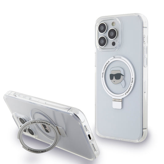 MagSafe Case for Apple iPhone 15 Pro, Karl Lagerfeld, Ring Stand Karl's Head, White