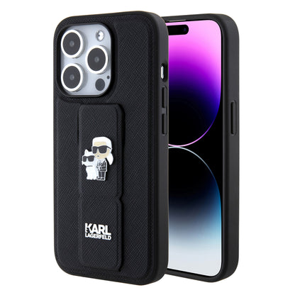 MagSafe Case for Apple iPhone 15 Pro, Karl Lagerfeld, Saffiano Gripstand Karl & Choupette, Black