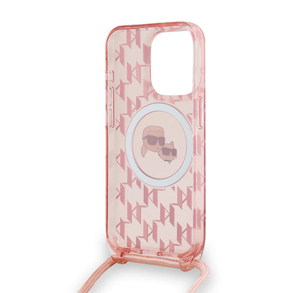 MagSafe Case for Apple iPhone 15 Pro Max, Karl Lagerfeld, IML Crossbody Monogram Karl & Choupette's Heads, Pink